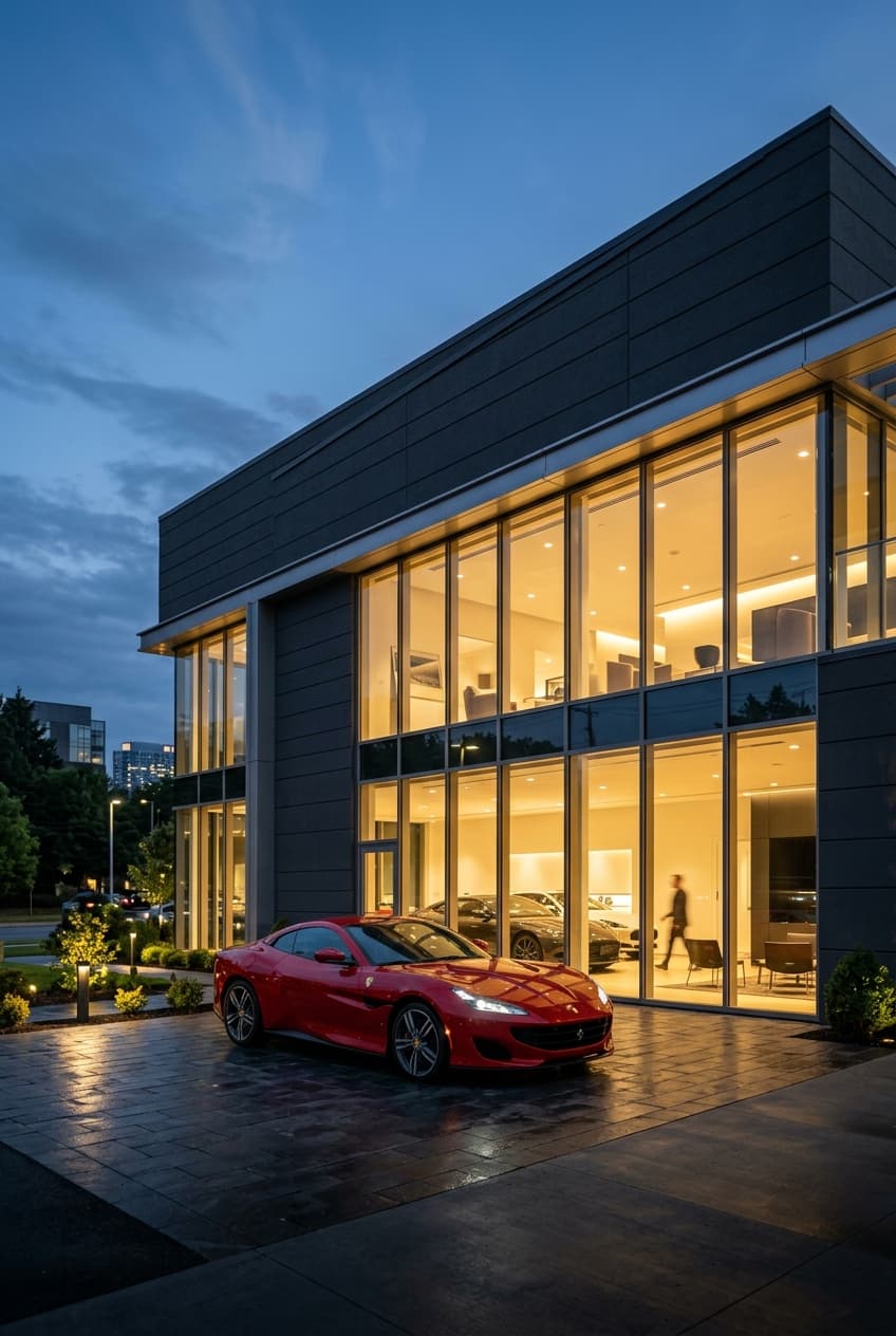 Modern dealership building at dusk with a red sports coupe parked outside