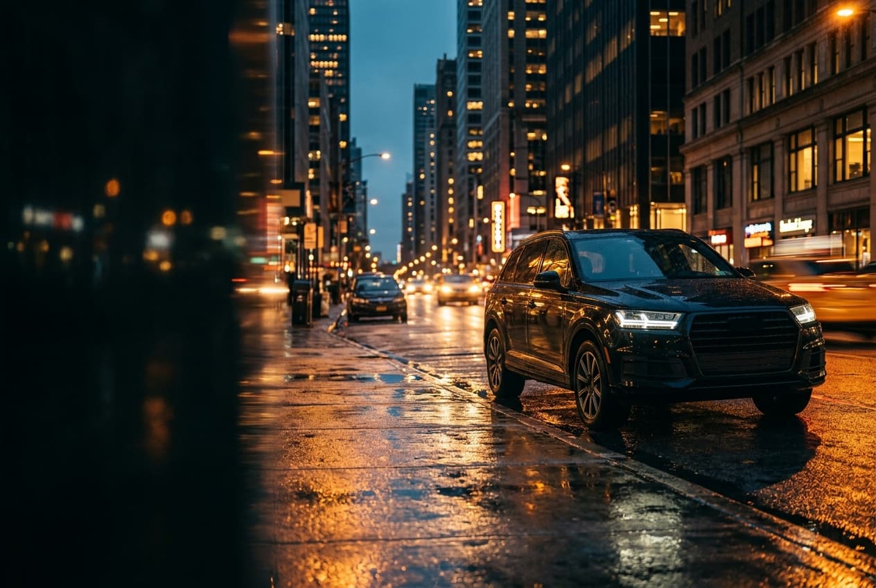 Black luxury SUV on a wet city street at dusk