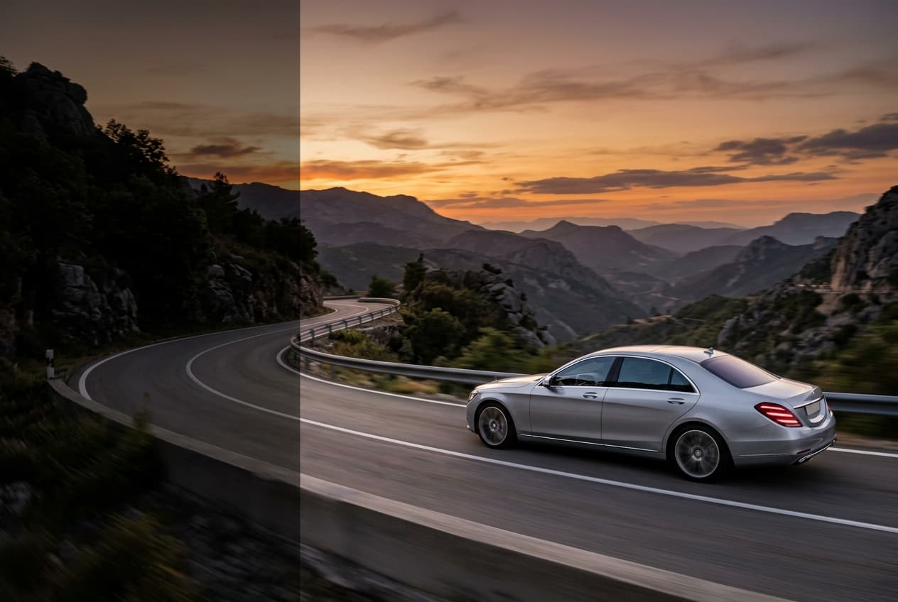 Silver executive sedan on a mountain road at sunset